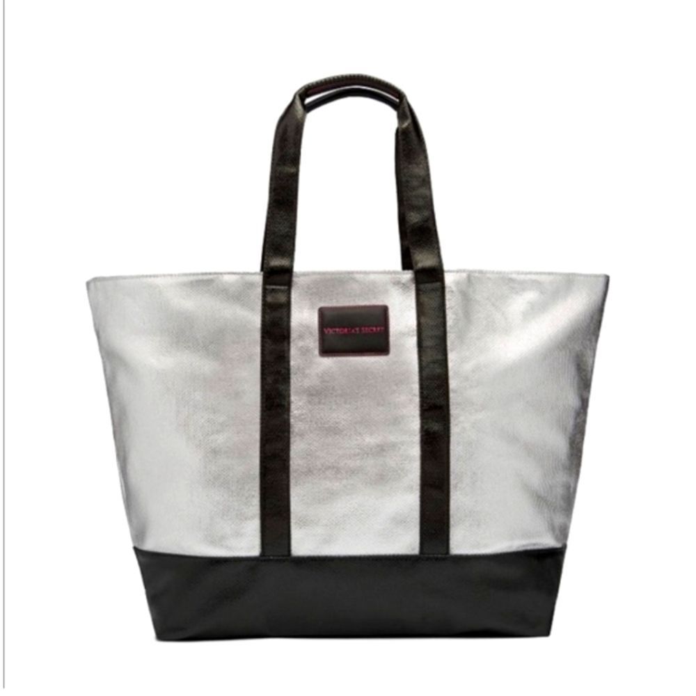 Victoria's Secret Large Silver Metallic & Black Zip Closure Fold Up Tote Bag